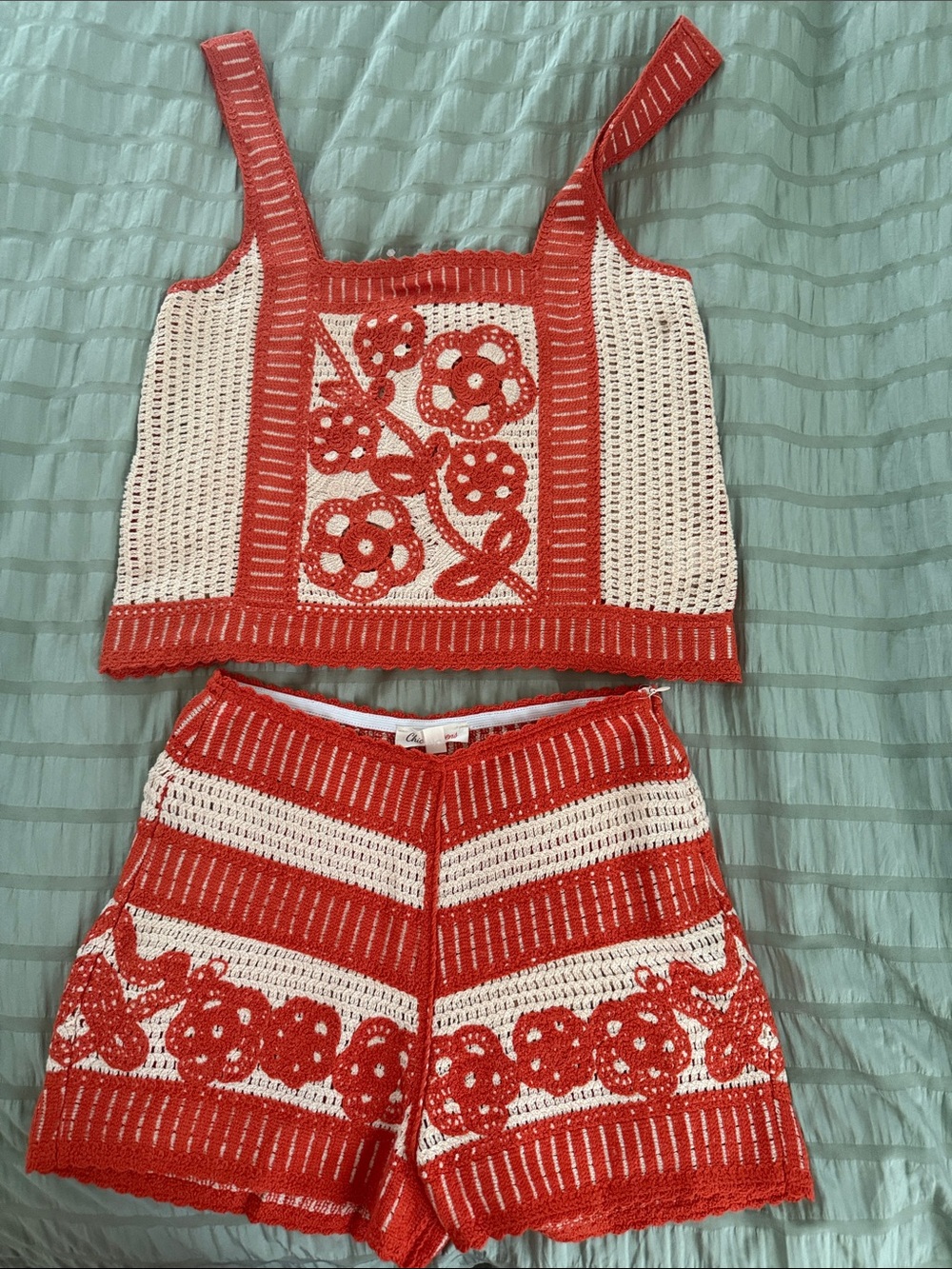 Hand-Crocheted Red & Cream Floral Two-Piece Set